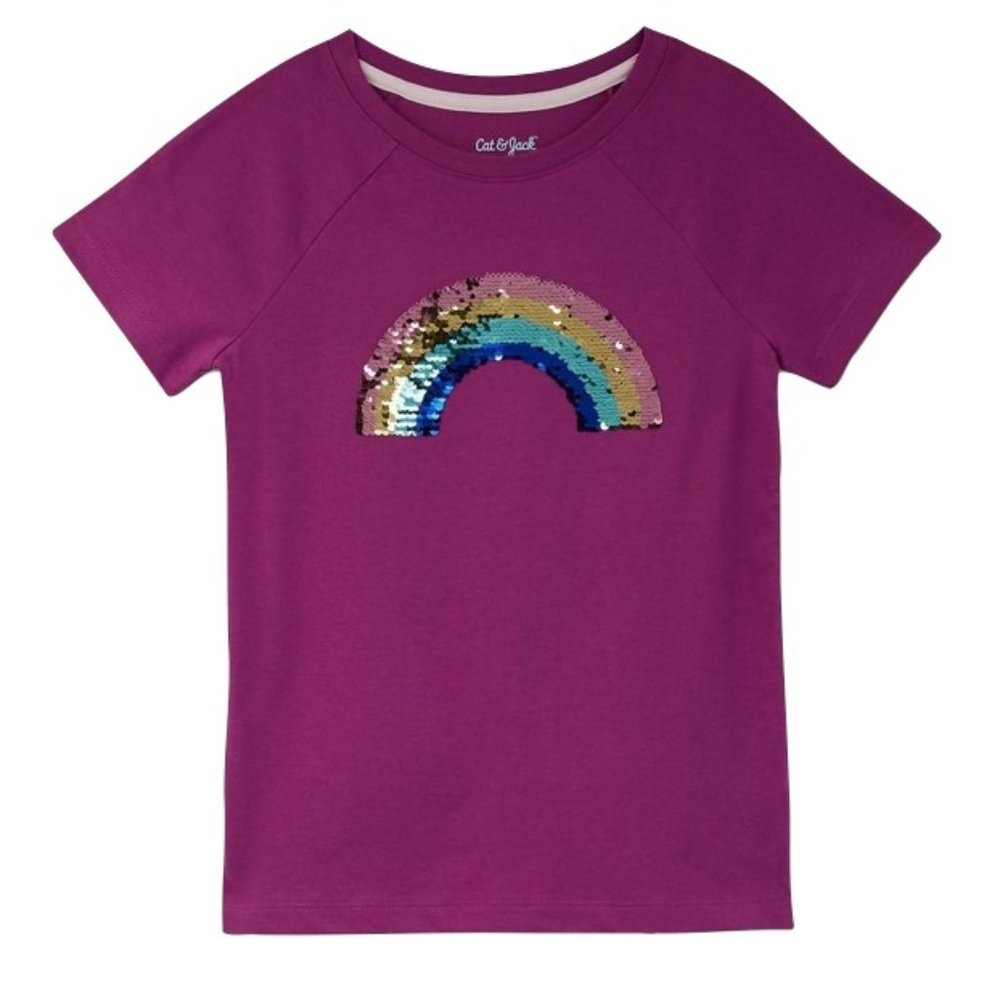 Cat & Jack Girls' Short Sleeve Flip Sequin Rainbow T-Shirt, Purple, XL